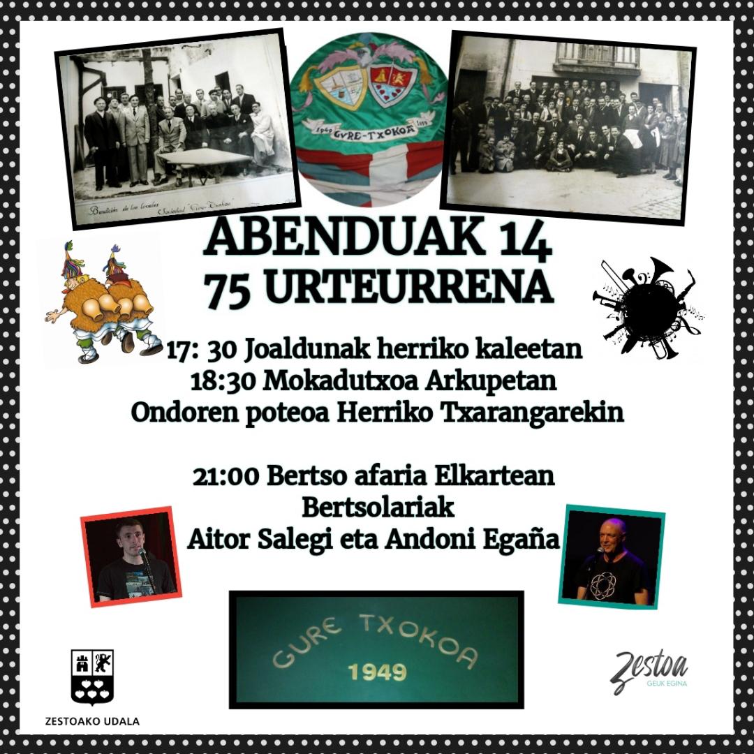 Herriko elkarte zaharrenaren urtemugaren ospakizun eguna larunbatean.

Bertso afarirako txartelak Uztapide tabernan salgai.