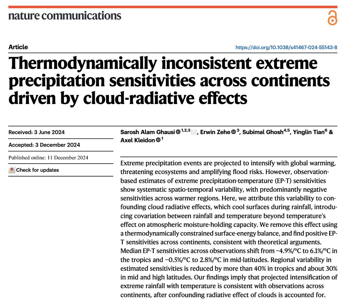 Sarosh Alam Ghausi (@s_ghausi) on Twitter photo Our new paper is out in <a href="/NatureComms/">Nature Communications</a>. We show that observed variations in extreme precipitation-temperature sensitivities across continents can be explained by differences in cloud radiative effects. Read more here: doi.org/10.1038/s41467… Our new paper is out in <a href="/NatureComms/">Nature Communications</a>. We show that observed variations in extreme precipitation-temperature sensitivities across continents can be explained by differences in cloud radiative effects. Read more here: doi.org/10.1038/s41467…