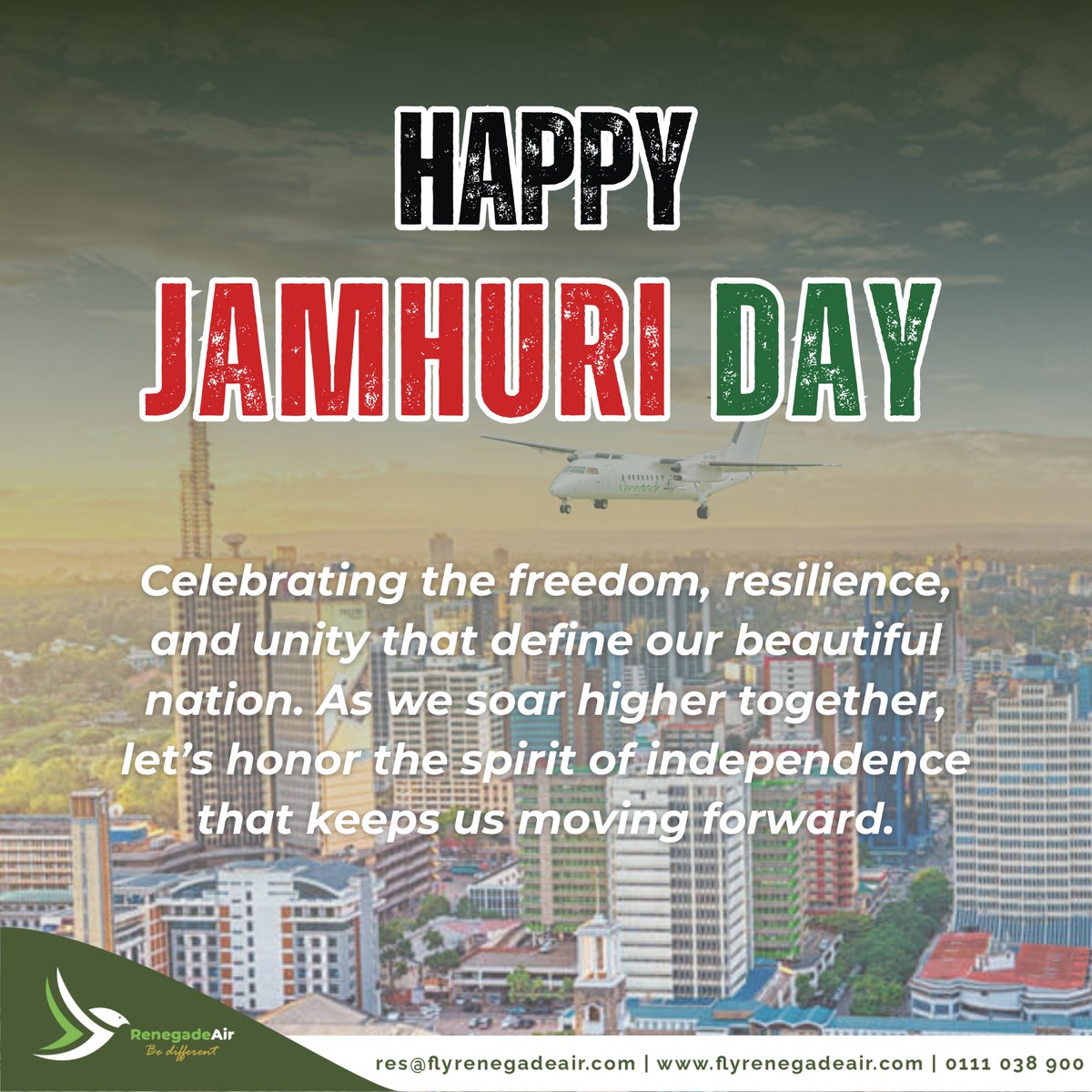flyrenegadeair's tweet image. We celebrate the freedom, resilience, and unity that define our beautiful nation. As we soar higher together, let’s honor the spirit of independence that keeps us moving forward. #happyjamhuri #flyrenegadeair #bediffrent