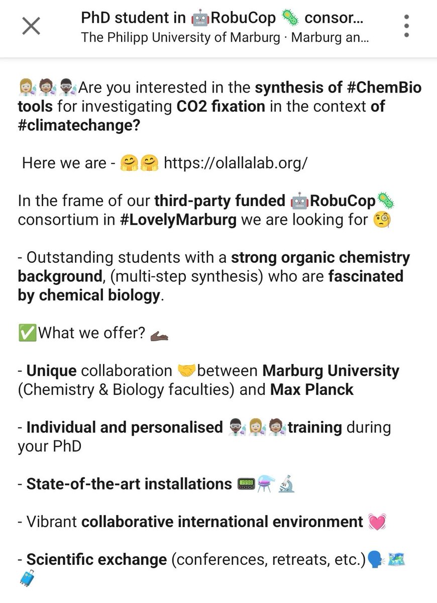 Olalla Vázquez (@olallalab) on Twitter photo 📢📢Official release #PhD position #OrganicChemistry at @Chemie_UMR & <a href="/mpi_marburg/">Max Planck Institute for Terrestrial Microbiology</a> within Loewe consortium #RobuCop 🤖🦠
Apply online 🛜🛜 stellenangebote.uni-marburg.de/jobposting/39b…
📆Deadline 22.12 - please RT♥️🙏 📢📢Official release #PhD position #OrganicChemistry at @Chemie_UMR & <a href="/mpi_marburg/">Max Planck Institute for Terrestrial Microbiology</a> within Loewe consortium #RobuCop 🤖🦠
Apply online 🛜🛜 stellenangebote.uni-marburg.de/jobposting/39b…
📆Deadline 22.12 - please RT♥️🙏