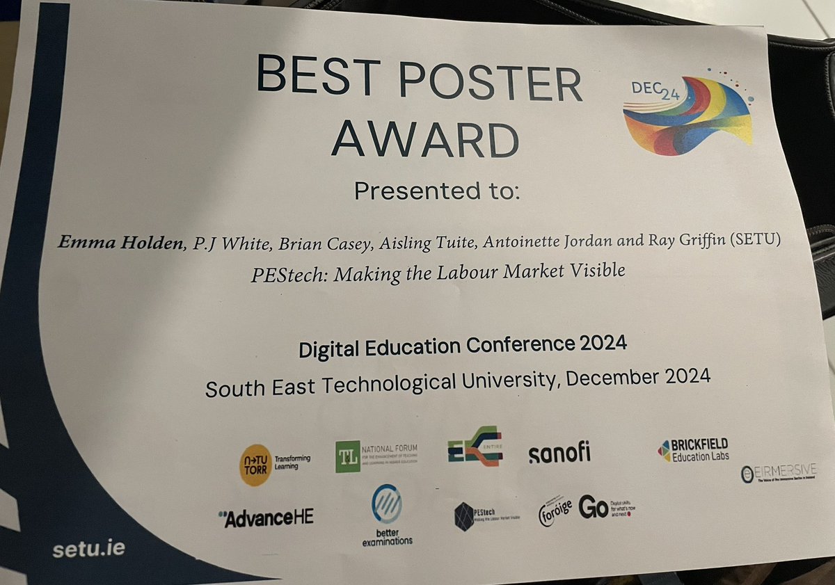 Digital Education Conference 2024 #DEC24 (@dec24conf) on Twitter photo Best Poster Award presented to Emma Holden, PhD Researcher at SETU <a href="/SETUIreland/">South East Technological University</a> 👏
Digital Education Conference 2024
#DEC24 #DigitalEducation Best Poster Award presented to Emma Holden, PhD Researcher at SETU <a href="/SETUIreland/">South East Technological University</a> 👏
Digital Education Conference 2024
#DEC24 #DigitalEducation