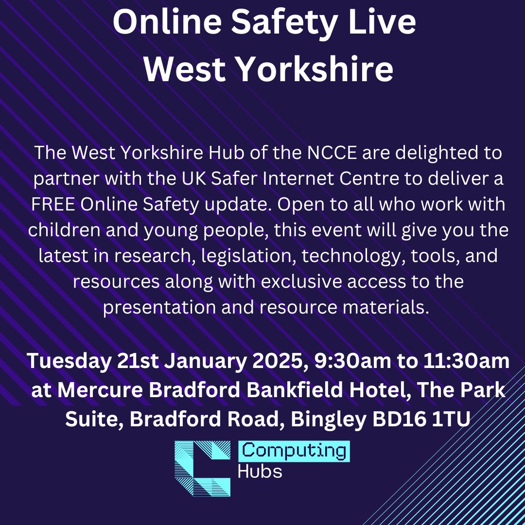 ComputingHubBIY's tweet image. Follow this link for more information and to book your place:
eventbrite.co.uk/e/online-safet…
#onlinesafety #NCCE #uksaferinternet #onlinesafety