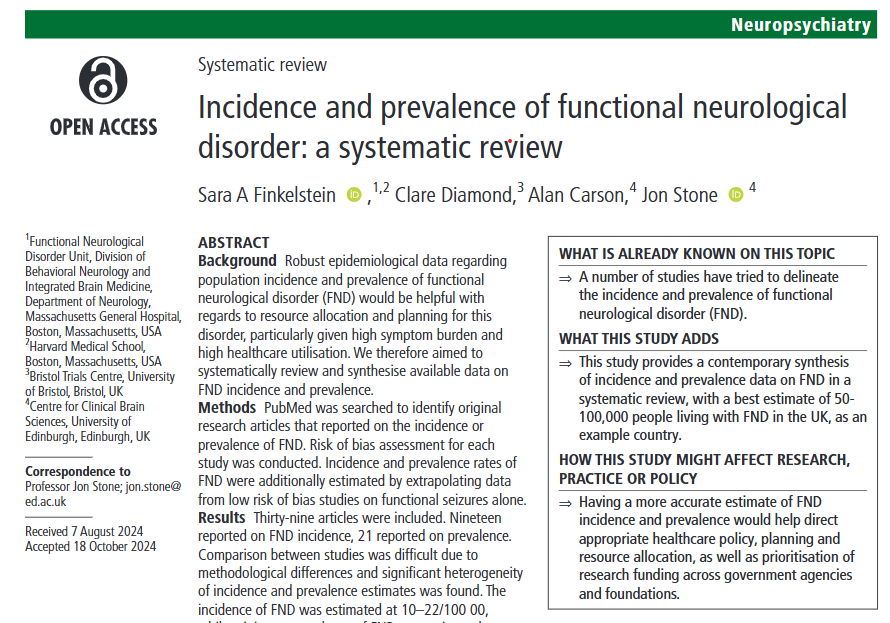 Jon Stone (@jonstoneneuro) on Twitter photo How common is FND?
‘Incidence and Prevalence of Functional Neurological Disorder: A systematic review’ – a new open access article <a href="/JNNP_BMJ/">Journal of Neurology, Neurosurgery and Psychiatry</a> led by Sara Finkelstein with Clare Diamond, and @alancarson15.
jnnp.bmj.com/content/early/… 1/🧵 How common is FND?
‘Incidence and Prevalence of Functional Neurological Disorder: A systematic review’ – a new open access article <a href="/JNNP_BMJ/">Journal of Neurology, Neurosurgery and Psychiatry</a> led by Sara Finkelstein with Clare Diamond, and @alancarson15.
jnnp.bmj.com/content/early/… 1/🧵