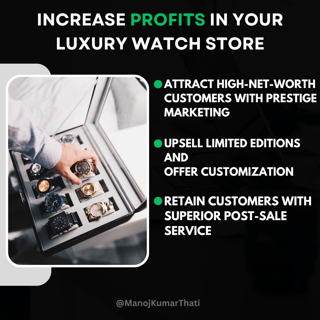 manojkumrthati's tweet image. 💎 How to Skyrocket Profits in Your Luxury Watch Store 💼

💡 Bonus Insight: Build an online presence to educate and engage your audience. Use YouTube or blogs to discuss trends, compare models, and highlight your expertise.

#Business #WatchStore #Profit #luxury