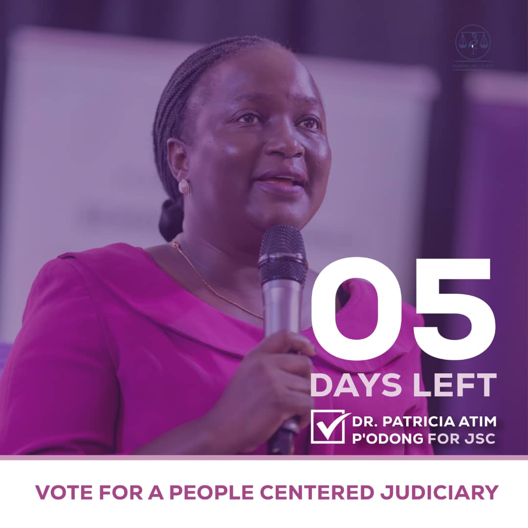 5 days to make history and never regret.

Let us think of a Jusicial Service Commission with <a href="/OdongPatricia/">Dr. Patricia Atim P'Odong</a> representing the Uganda Law Society.

She is a formidable candidate for the job.
Gear up and vote for <a href="/OdongPatricia/">Dr. Patricia Atim P'Odong</a>.
See you in Entebbe.
#RNB
#LondaNaalongo