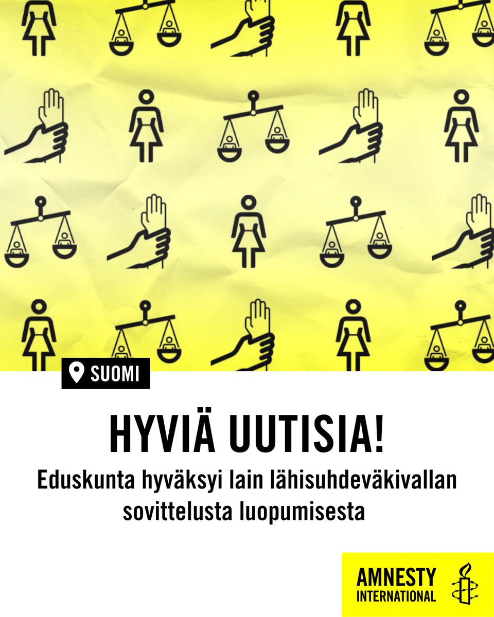 Lähisuhdeväkivallan sovittelusta luovutaan vihdoin Suomessa!

Eduskunta hyväksyi esityksen tällä viikolla. Tämä on iso voitto ihmisoikeuksille, erityisesti naisten oikeuksille. Olemme työskennelleet tämän puolesta todella pitkään.

1/3

#ihmisoikeudet