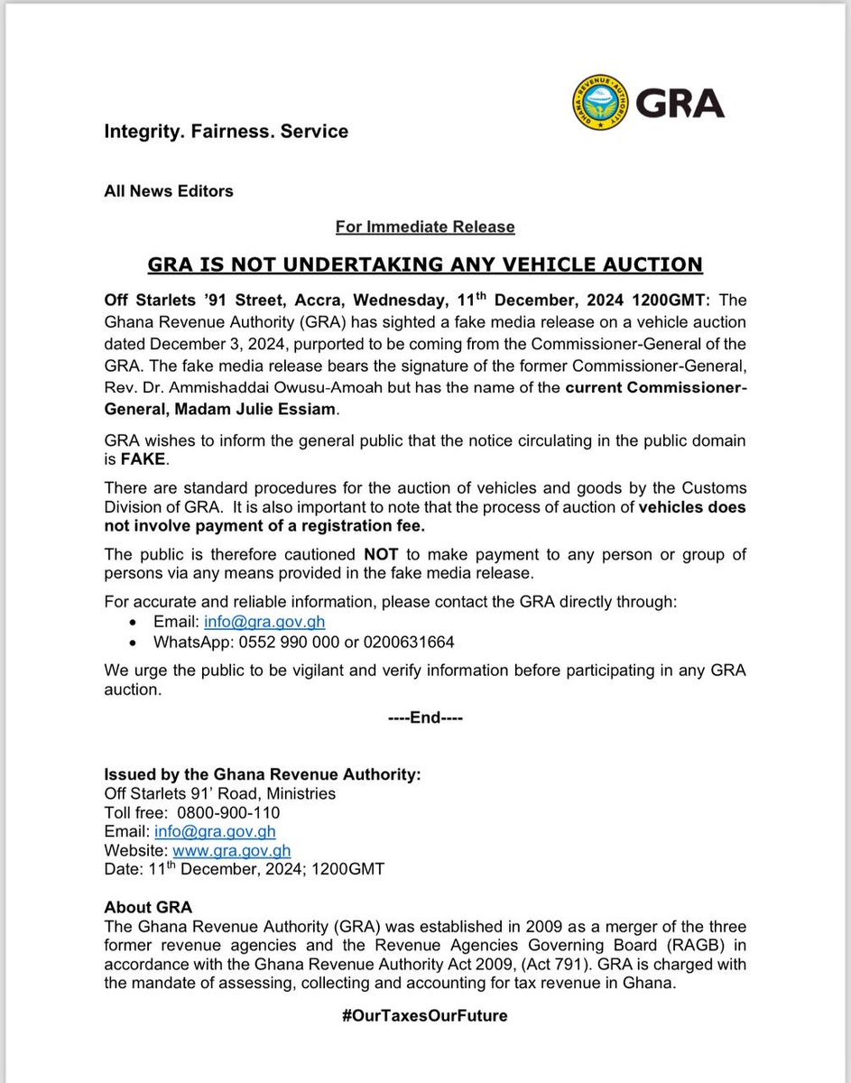 utvghana's tweet photo. The Ghana Revenue Authority (GRA) has issued a warning to the general public regarding a fraudulent media release about a vehicle auction purportedly organized by the GRA.

#UTVGhana https://t.co/Xvqh8p3nkx