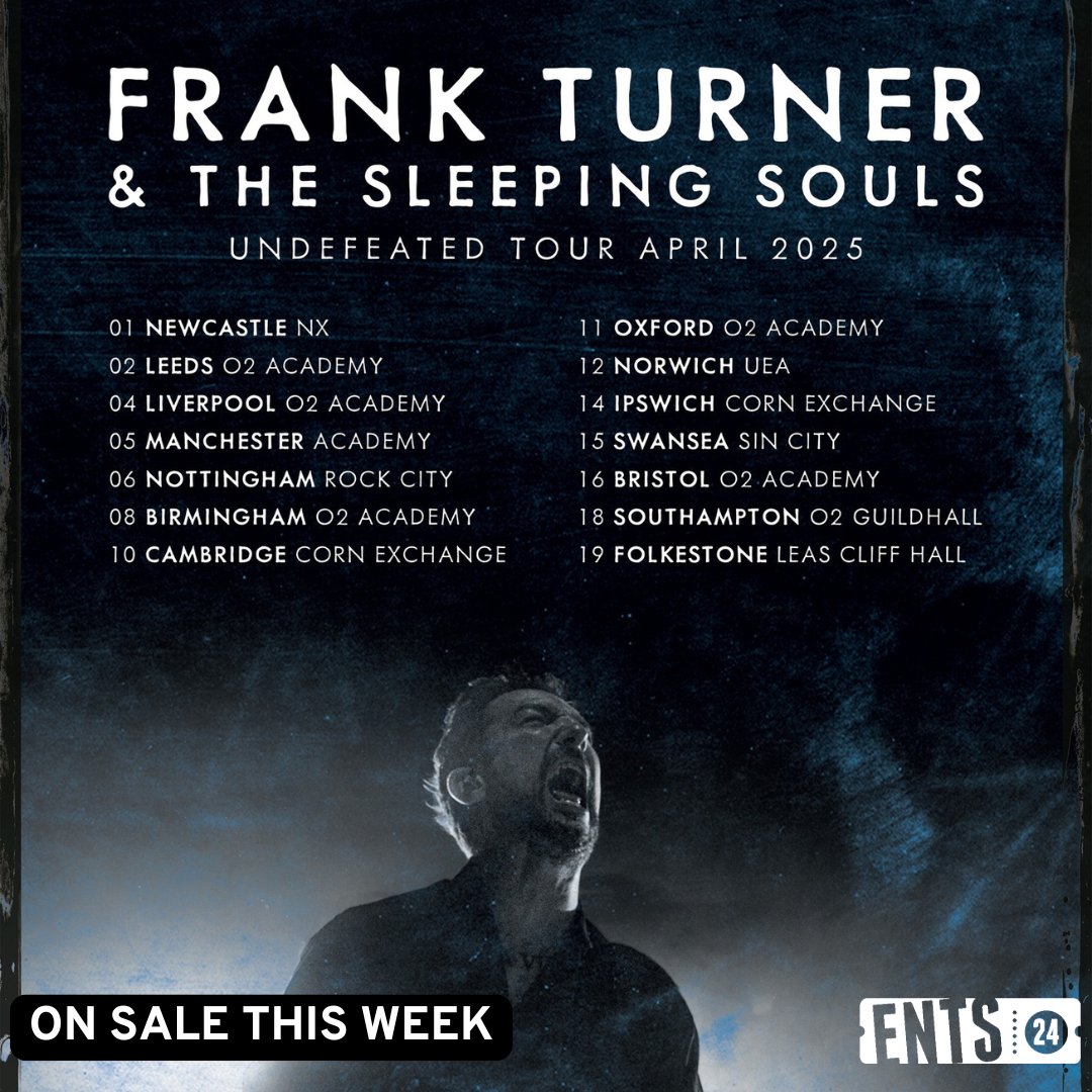🚨 <a href="/frankturner/">Frank Turner</a> &amp; The Sleeping Souls are hitting the road! In support of Frank’s 10th album Undefeated, they’ll be playing 14 headline shows across England &amp; Wales this April.
🎟️ Tickets go on sale Fri Dec 13th at 11am:
👉 ents24.com/uk/tour-dates/…
#FrankTurner #indiefolk #ents24