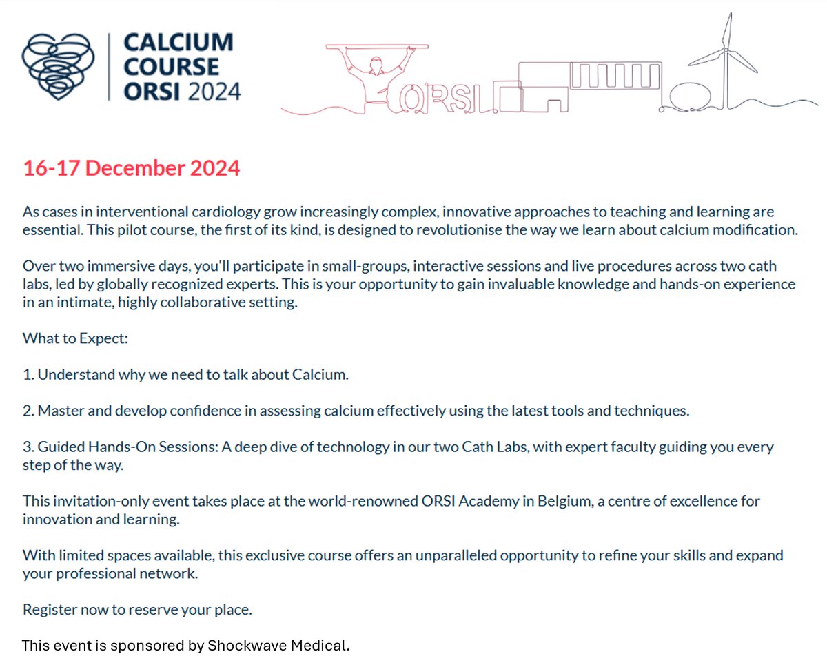 ShockwaveIVL's tweet image. Interested in learning more about calcium modification techniques and their pivotal role in #ComplexPCI? Don’t miss the ultimate Calcium Course led by @OptimaCTO at the ORSI Academy in Belgium on 16-17 December: registration.optimacalcium2024.com/cal24

US Rx only. ISI bit.ly/3iEq7fC