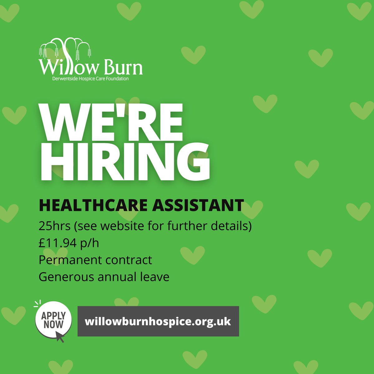 Now recruiting for a part-time Healthcare Assistant at Willow Burn - a rare opportunity to join the team here at the hospice.

The role is 25 hrs, across three shifts to include weekdays and weekends, on a rota/additional bank hrs available.

Apply Today
loom.ly/e3t9Q1g