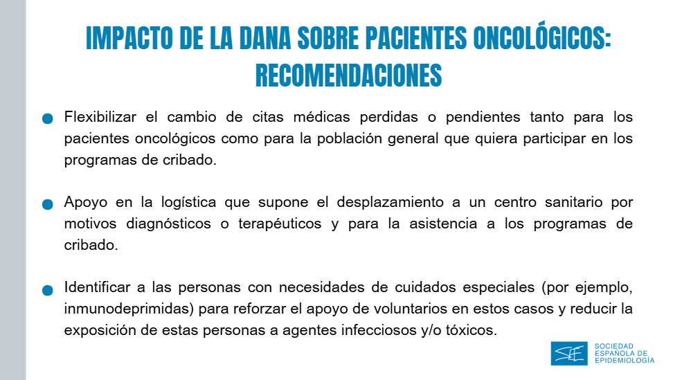 👉Además de los daños directos, la DANA de Valencia tiene otras consecuencias indirectas sobre la salud de las personas, como es el caso de los pacientes oncológicos.

Desde <a href="/seepidemiologia/">SEE</a> sugerimos una serie de medidas para mitigar el impacto de la DANA en este colectivo👇