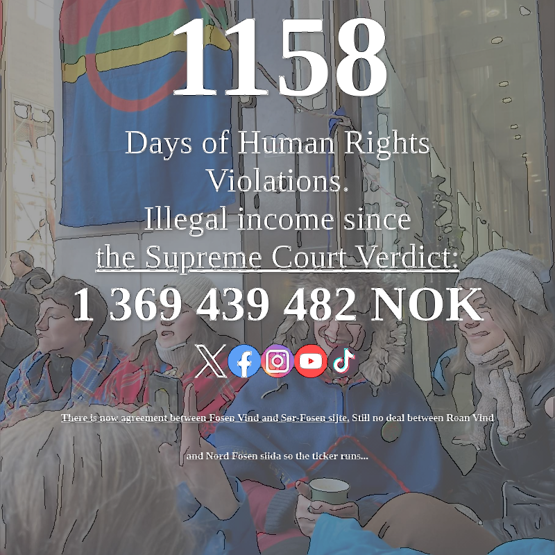 FosenTicker's tweet photo. 1158 days and counting!
Compliance with the Supreme Court's verdict is not optional, @Statkraft. The wind turbines in Fosen must go. #Fosen #ComplianceNotOptional #JusticeOverMoney
https://t.co/Js6dP3f5TM
https://t.co/HMndLXqoO0 https://t.co/TZVSVfKMVB