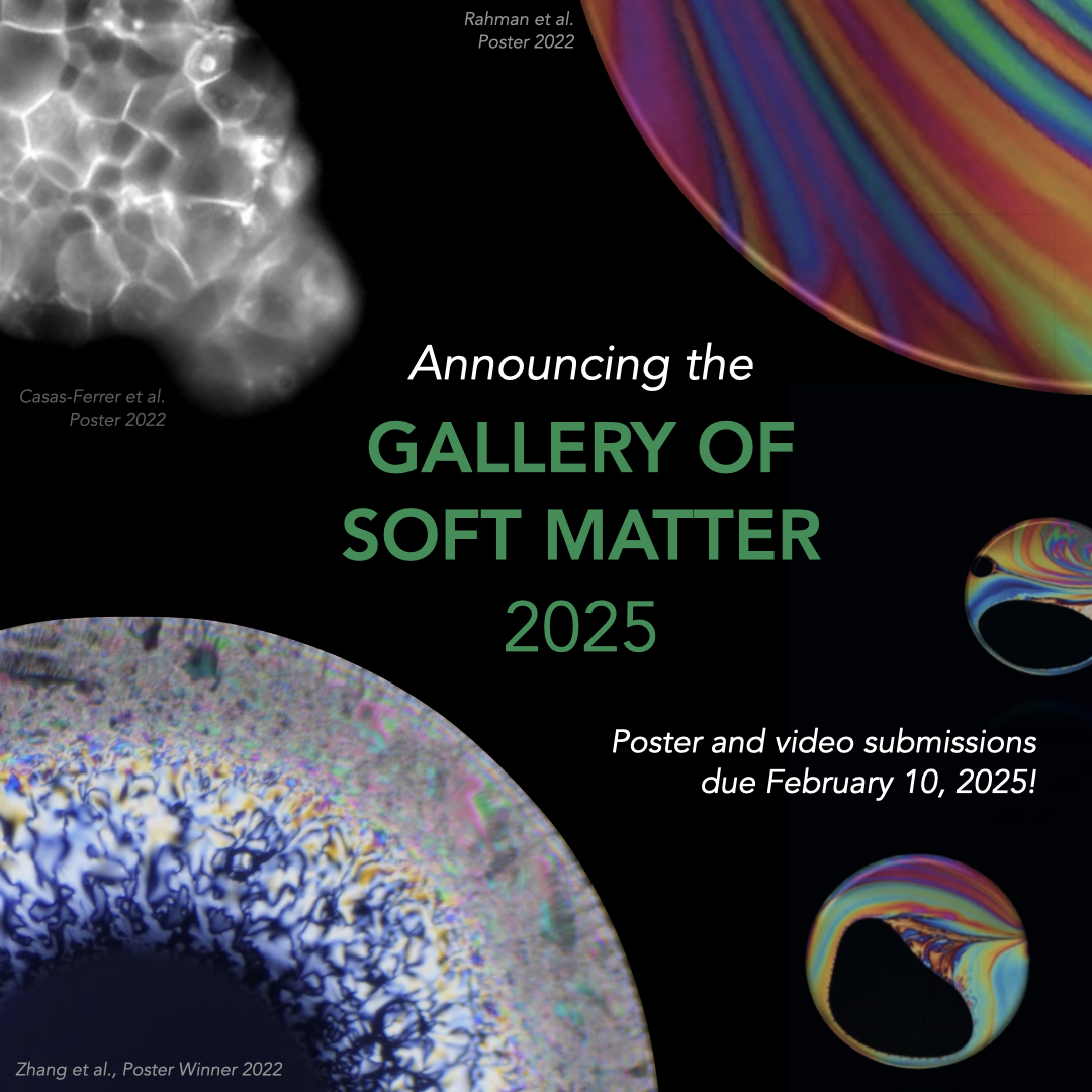 ApsDsoft's tweet image. Showcase your #softmatter #science at APS Global Physics Summit 2025! 🤩Indicate your intent to submit a Gallery of Soft Matter poster or video here before Jan 10, 2025: forms.gle/jFUeD1Qgzwu9iS… (Final submissions due in Feb!)