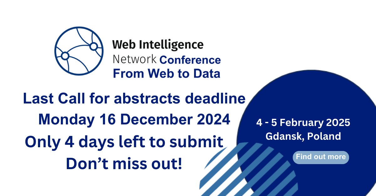 ESSnet - Web Intelligence Network (WIN) (@essnetwin) on Twitter photo Only 4 days to go before submission close!
win2025.stat.gov.pl/Abstracts
#DataScience #Newdatasource #ESS #BigData #statistics #Eurostat #data #AskEurostat
<a href="/EU_Eurostat/">EU_Eurostat</a>, <a href="/istat_en/">Istat</a>, <a href="/EU_EMOS/">EMOS</a>, <a href="/IAOS_Stat/">International Association for Official Statistics</a>, <a href="/RoyalStatSoc/">Royal Statistical Society</a>, <a href="/UNECE/">UNECE</a>, <a href="/UNStats/">UNStats</a>, <a href="/DSSGxUK/">DataScienceForSocialGoodUK</a>, <a href="/DataFGood/">DataForGood</a>, <a href="/EU_opendata/">data.europa.eu</a> Only 4 days to go before submission close!
win2025.stat.gov.pl/Abstracts
#DataScience #Newdatasource #ESS #BigData #statistics #Eurostat #data #AskEurostat
<a href="/EU_Eurostat/">EU_Eurostat</a>, <a href="/istat_en/">Istat</a>, <a href="/EU_EMOS/">EMOS</a>, <a href="/IAOS_Stat/">International Association for Official Statistics</a>, <a href="/RoyalStatSoc/">Royal Statistical Society</a>, <a href="/UNECE/">UNECE</a>, <a href="/UNStats/">UNStats</a>, <a href="/DSSGxUK/">DataScienceForSocialGoodUK</a>, <a href="/DataFGood/">DataForGood</a>, <a href="/EU_opendata/">data.europa.eu</a>
