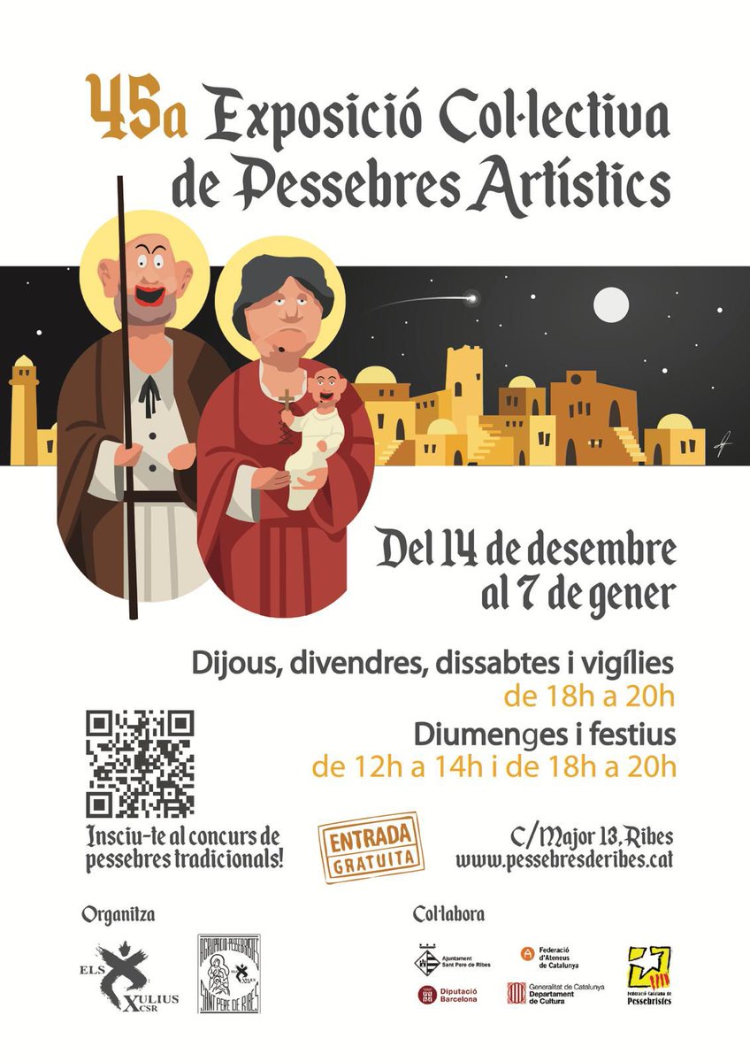 xulius's tweet image. Aquest divendres, 13 de desembre a les 19:30 us convidem a la inauguració de l’EXPOSICIÓ COL·LECTIVA DE PESSEBRES que es podrà veure fins el 6 de gener.

Us podeu inscriure als CONCURSOS DE PESSEBRES DE BORRA I DE POSTALS NADALENQUES fins el dia 24: forms.gle/PTdK2uX2u9iGcp…