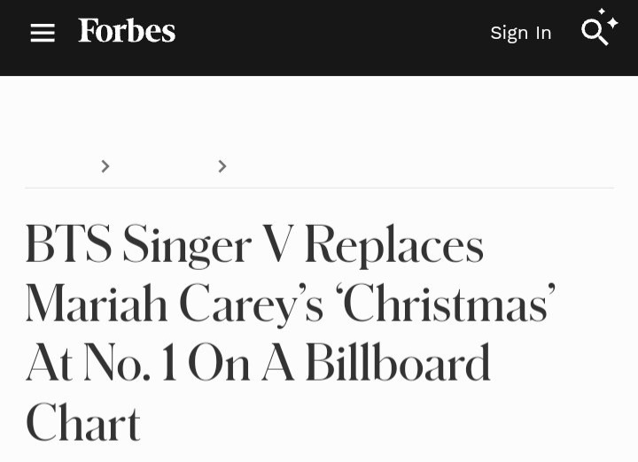 Forbes about Taehyung:

"BTS singer V replaces Mariah Carey's Christmas at No.1 on a Billboard chart"

DO YOU REALIZE HOW HUGE IT IS!?!? SO PROUD OF HIM👏

CONGRATULATIONS V
CONGRATULATIONS TAEHYUNG
HISTORY MAKER TAEHYUNG