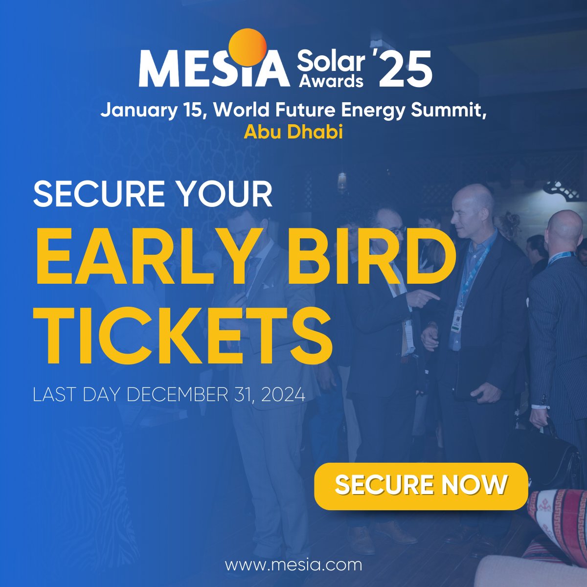 MiddleEastSolar's tweet image. 🎉 Early bird tickets for the MESIA Solar Awards Ceremony are now live!

Non-MESIA members can grab them for just AED 275. Celebrate the achievements of the MENA solar industry—don’t miss out!

Secure Now - ow.ly/HHkI50UpEYI

#SolarAwards #MENA #CleanEnergy #SolarInnovation