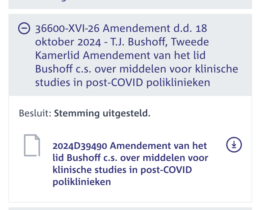 Vandaag herkansing voor:
<a href="/demc29demc/">Danielle Jansen</a> <a href="/PieterOmtzigt/">Pieter Omtzigt</a> <a href="/NwSocContract/">Nieuw Sociaal Contract</a>
Afwachten gaat 500.000+ #LongCovid #Pais patiënten (ook kinderen) niet helpen.
Dat weet <a href="/ministerVWS/">Jan Anthonie Bruijn</a> ook.
Het gaat om een aanpassing, níet om meer geld.
Stem vóór het amendement NOODZAKELIJKE klinische trials ✅