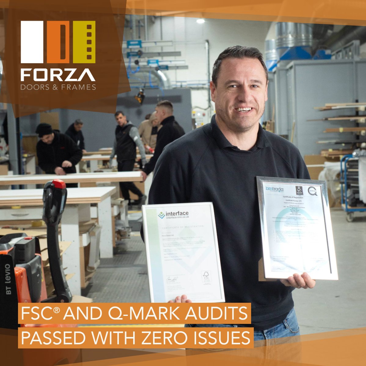 We've just passed our FSC® and BMTrada Q-Mark surveillance audits - sailing through with zero issues 💫

Shout-out to our SHEQ Manager Kevin Wright [pictured] and the whole Forza team, who made it look easy.
 
Learn here: 
eu1.hubs.ly/H0fjD5P0
eu1.hubs.ly/H0fjF1W0