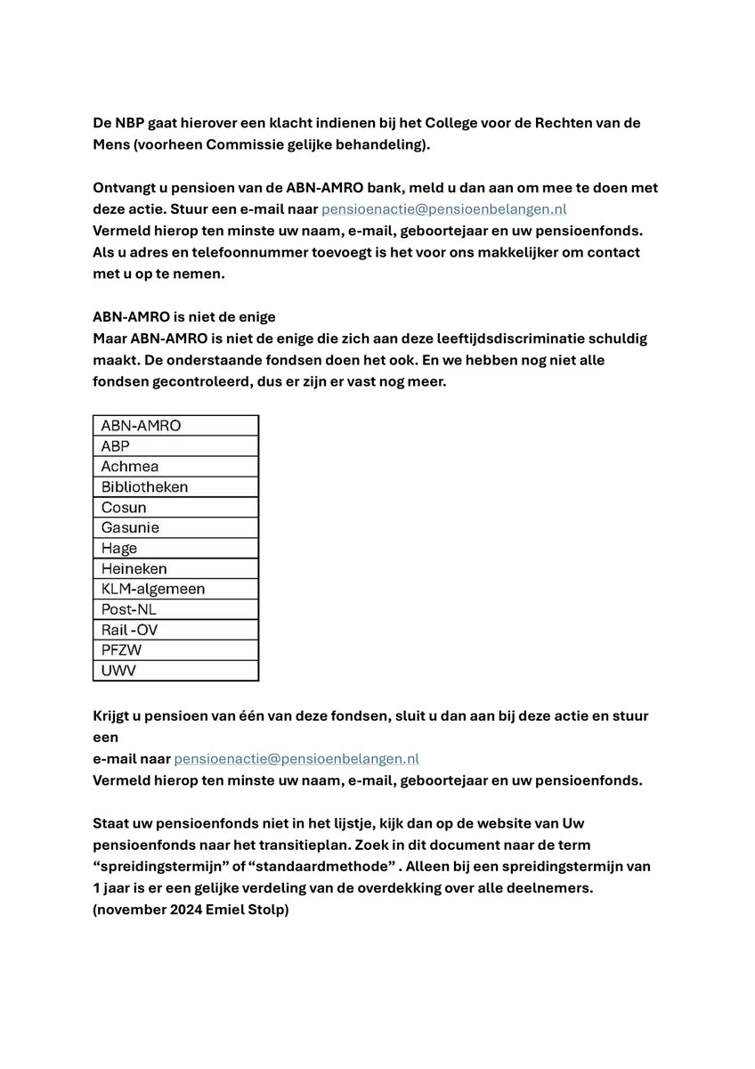 Leeftijdsdicriminatie bij verdeling overwinst pensioentransitie. Doe mee met klacht NBP en Emiel Stolp. Kosteloos. Mail aan pensioenactie@pensienbelangen.nl. <a href="/MvRooijen/">Martin van Rooijen</a> @Agnes_JosephNSC <a href="/i_dijk/">Inge van Dijk</a> <a href="/mariannezw/">Marianne Zwagerman 💟☮️</a>
