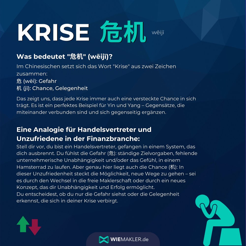 wiemakler's tweet photo. Jede Krise birgt ihre eigene Chance. 💡
Das chinesische Wort „危机“ (wēijī) zeigt uns genau das

Videokurs ! 💻 
🔗 https://t.co/ZaUMA0oBah

FOLGE ▶️ @wiemakler 

#KriseUndChance #Erfolg #Handelsvertreter #Karriere #krise #finanzdienstleistung #finanzberater #finanzdienstleister https://t.co/C5hEUtPWvo