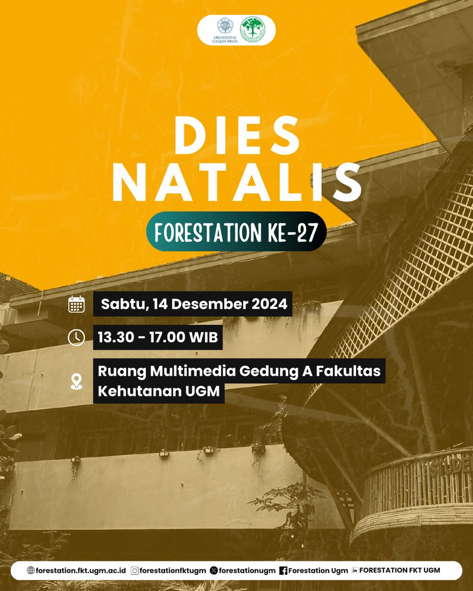 FORESTATIONUGM's tweet photo. [DIES NATALIS KSDH KE-27]

Halo, sobat Gajah Sumatra!🐘

Mari ramaikan dan meriahkan dies natalis ke-27 yang akan dilaksanakan pada:

🗓 Sabtu, 14 Desember 2024
⏰ 13.30 - 17.00 WIB
📍 Ruang Multimedia Gedung A Fakultas Kehutanan UGM

KSDH JAYA!!! https://t.co/9uNI5iioxj