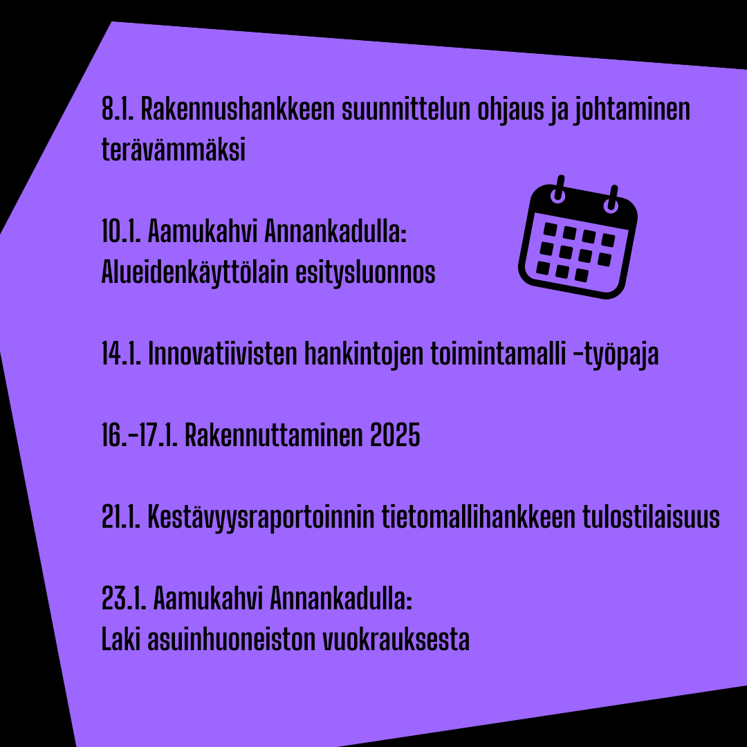 Tammikuun tapahtumakalenteri täyttyy kovaa vauhtia. 
Tulossa on mm. kaksi tärkeää aamukahvitilaisuutta ajankohtaisista lakihankkeista, pureutumista rakennushankkeen johtamiseen sekä kiraESRS-hankkeen tuloksia. rakli.fi/tapahtuma/

#järjestö #vaikuttaminen #rakennuttaminen