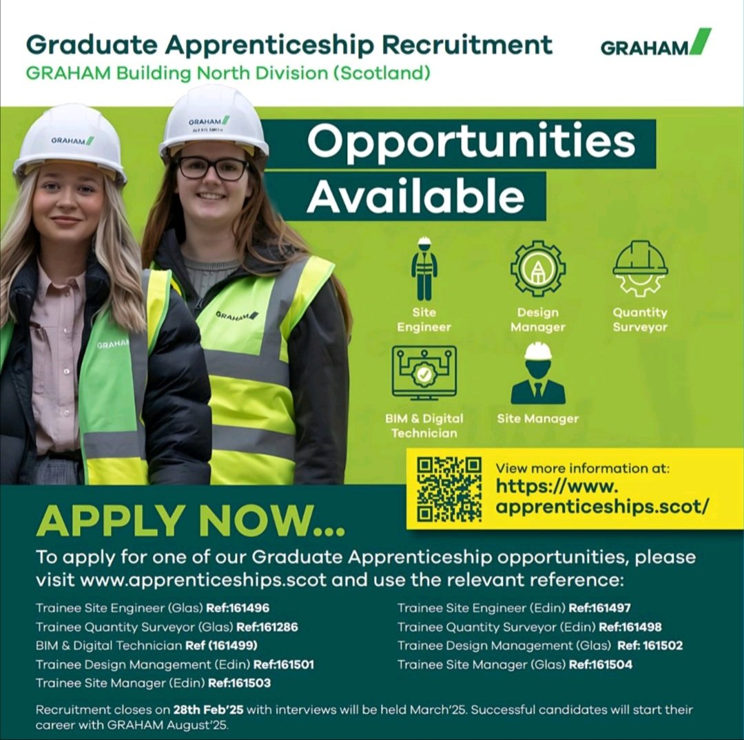 <a href="/DYWLED/">DYW Lanarkshire & East Dunbartonshire</a> is delighted to be supporting our schools &amp; young people to explore the #GraduateApprenticeship Pathways from our partner employers. ✅  

<a href="/GRAHAMGroupUK/">GRAHAM Group</a> Graduate Apprenticeship Roles for 2025 are now open. ✅ 

Spread the word👉🏻 apply link: 
lnkd.in/gMKcB-y
#DYW