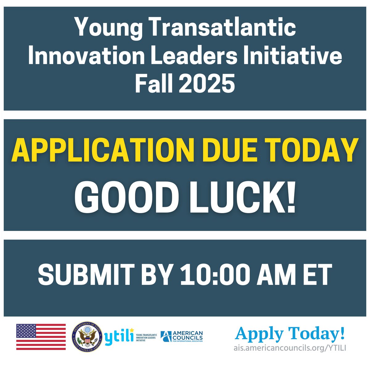 Reminder: today is the last day to submit your application for the Fall 2025 YTILI Program! Applications are due by 10 AM Eastern time at ais.americancouncils.org/ytili

#ytili2025 #ExchangeOurWorld