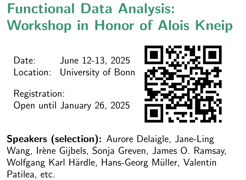 Dominik Liebl (@domliebl) on Twitter photo 🚨 To all scientists interested in functional data analysis:
Functional Data Analysis:
Workshop in Honor of Alois Kneip
Date: June 12-13, 2025
Registration: Open until January 26, 2025
mathematics.uni-bonn.de/hcm/events/wor…
Pls help spread the word.
🙏: @HCM_Bonn <a href="/dfg_public/">DFG public | @dfg_public@wisskomm.social</a> 🚨 To all scientists interested in functional data analysis:
Functional Data Analysis:
Workshop in Honor of Alois Kneip
Date: June 12-13, 2025
Registration: Open until January 26, 2025
mathematics.uni-bonn.de/hcm/events/wor…
Pls help spread the word.
🙏: @HCM_Bonn <a href="/dfg_public/">DFG public | @dfg_public@wisskomm.social</a>