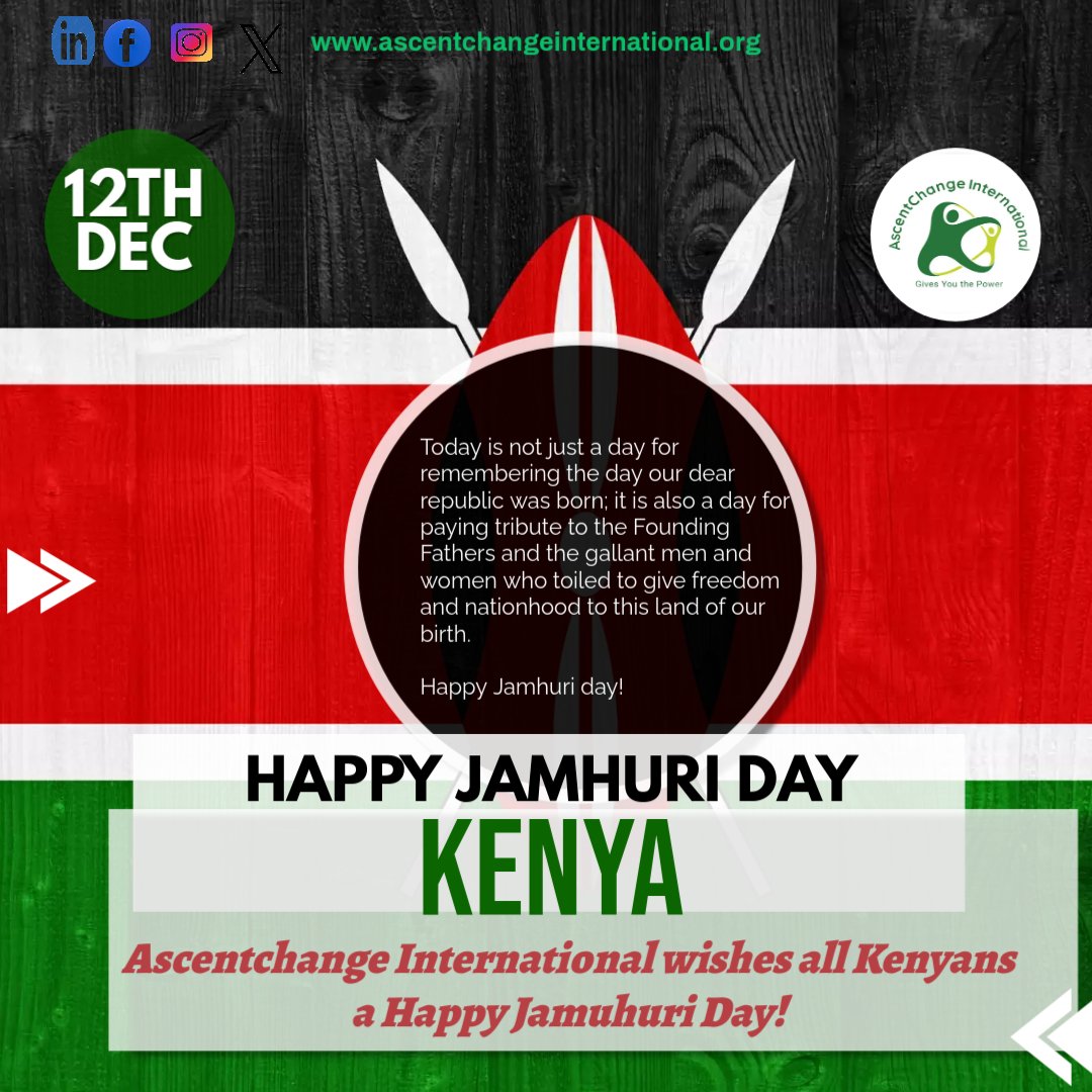 AscentChange's tweet photo. Ascentchange International wishes everyone 𝐇𝐚𝐩𝐩𝐲 𝐉𝐚𝐦𝐡𝐮𝐫𝐢 𝐃𝐚𝐲.It was on this auspicious day that the colonial rule of Britain ended in Kenya and the country became free
Let us promise ourselves that we will always work towards making our country proud and prosperous https://t.co/qS4tmECrPP