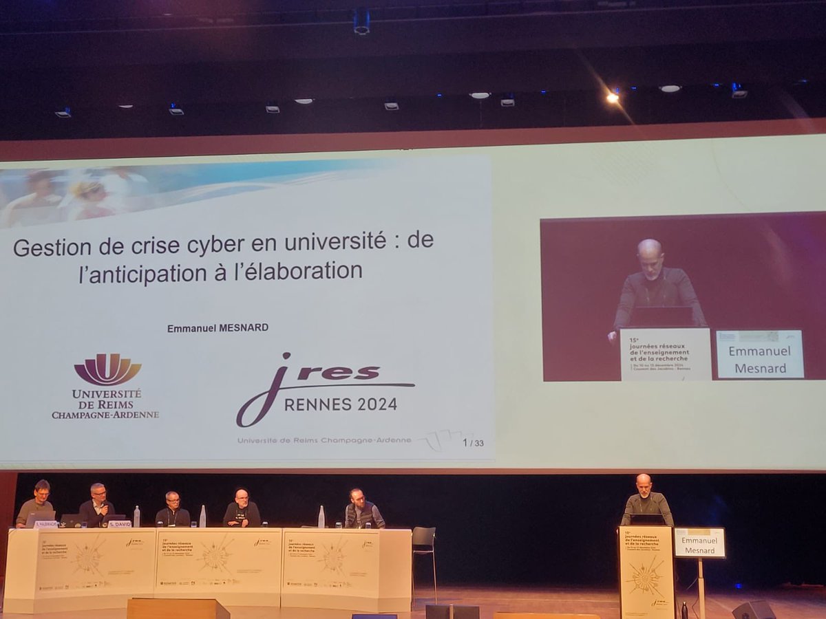 URCAArnold's tweet photo. L’@universitereims est représentée une deuxième fois aux #jres @RENATER  2024 avec une présentation de Emmanuel Mesnard sur la gestion de crise cyber. Le tout est de prévoir le pire tout en mettant en place le meilleur pour l’éviter. https://t.co/JfTPy0I4Vk