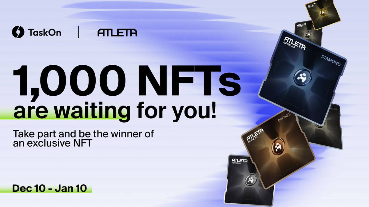 Atleta Network (@atleta_network) on Twitter photo ๐ ATLETA Network: 1,000 Exclusive NFTs Are Waiting for You!
๐
Join the <a href="/taskonxyz/">TaskOn | Ultimate Web3 Community Growth Platform</a> quest and win one of our exclusive NFTs! From Bronze to Diamond, climb the leaderboard and claim your reward.
๐
Event Duration:
Dec 11, 2024, 16:00 (UTC) โ Jan 11, 2025, 16:00 (UTC)
๐ Reward ๐ ATLETA Network: 1,000 Exclusive NFTs Are Waiting for You!
๐
Join the <a href="/taskonxyz/">TaskOn | Ultimate Web3 Community Growth Platform</a> quest and win one of our exclusive NFTs! From Bronze to Diamond, climb the leaderboard and claim your reward.
๐
Event Duration:
Dec 11, 2024, 16:00 (UTC) โ Jan 11, 2025, 16:00 (UTC)
๐ Reward