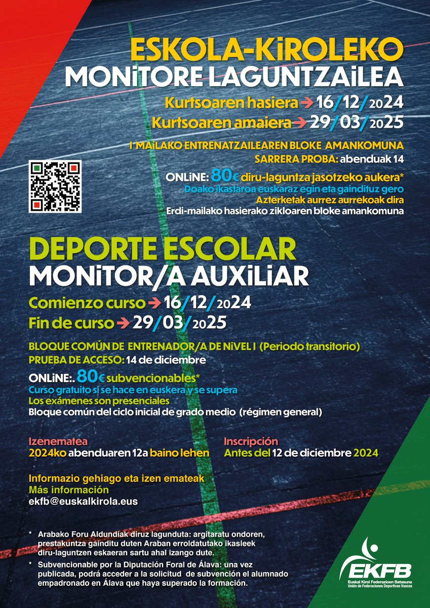 🧐 Gogoratu gaur asken eguna dela eskola-kiroleko monitorelaguntzailea izateko kurtsora apuntatzeko.👇🏼  

🧐 Recordad que hoy es el último día para apuntarse al curso de monitor auxiliar para deporte escolar. 👇🏼