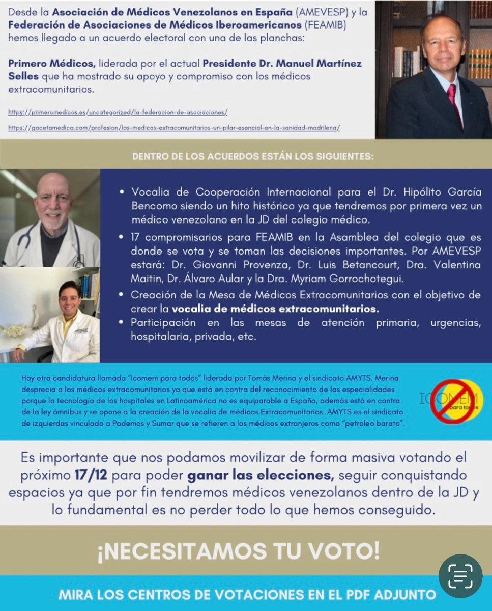 Elecciones en el Ilustre Colegio Oficial de Médicos en Madrid. El próximo martes 17/12 sal a votar por Primero Médicos