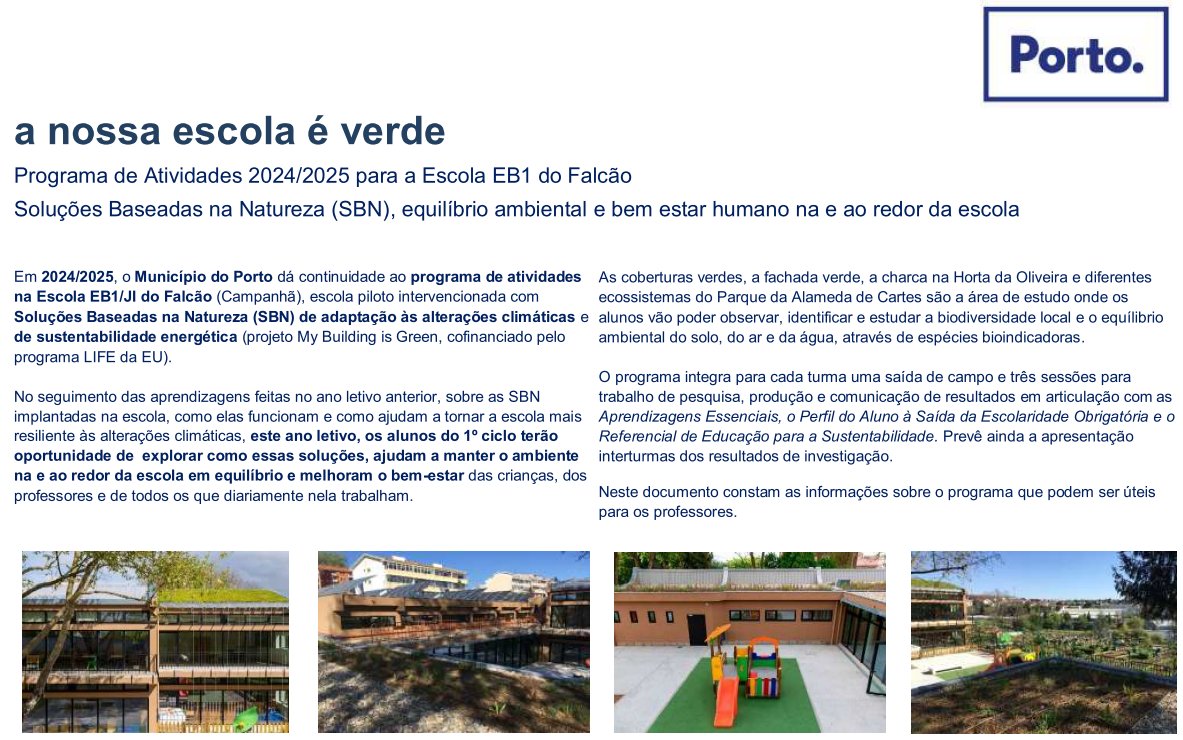 Porto City Council publishes the 2024/2025 environmental education programme on #NBS of <a href="/buildingisgreen/">LIFE-myBUILDINGisGREEN</a> in the Falcão school.
👉 life-mybuildingisgreen.eu/en/porto-city-…

<a href="/LIFEprogramme/">LIFE Programme</a> #AfterLIFE_mBiG