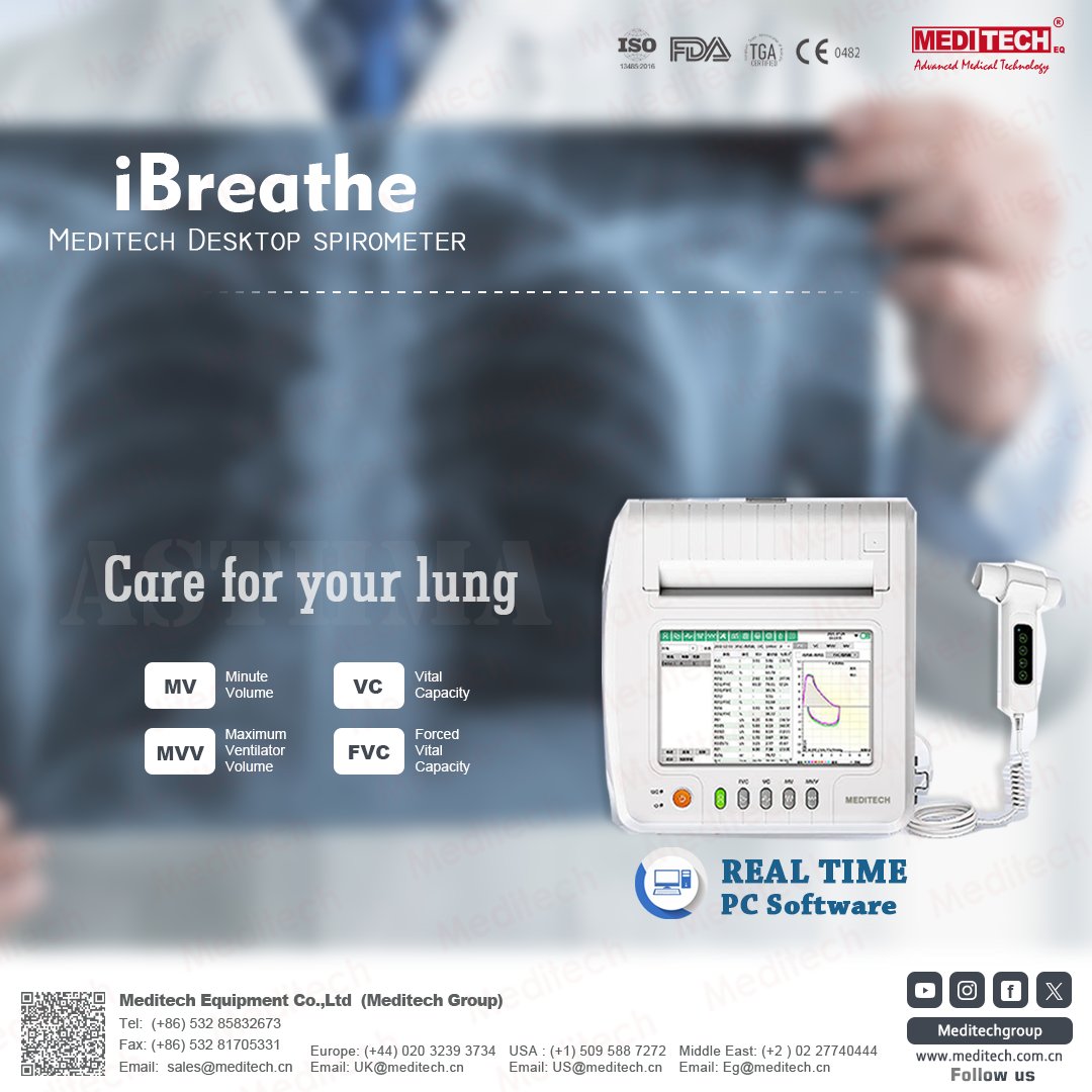 MeditechVet's tweet image. iBREATHE
The iBreathe spirometer is a portable device for checking lung function.
-It uses the principle of differential pressure measurement to measure over 100 parameters related to FVC, VC, MVV, and MV functions.

#pulomary
#spirometer
#spirometer
#meditech
#medicalequipment