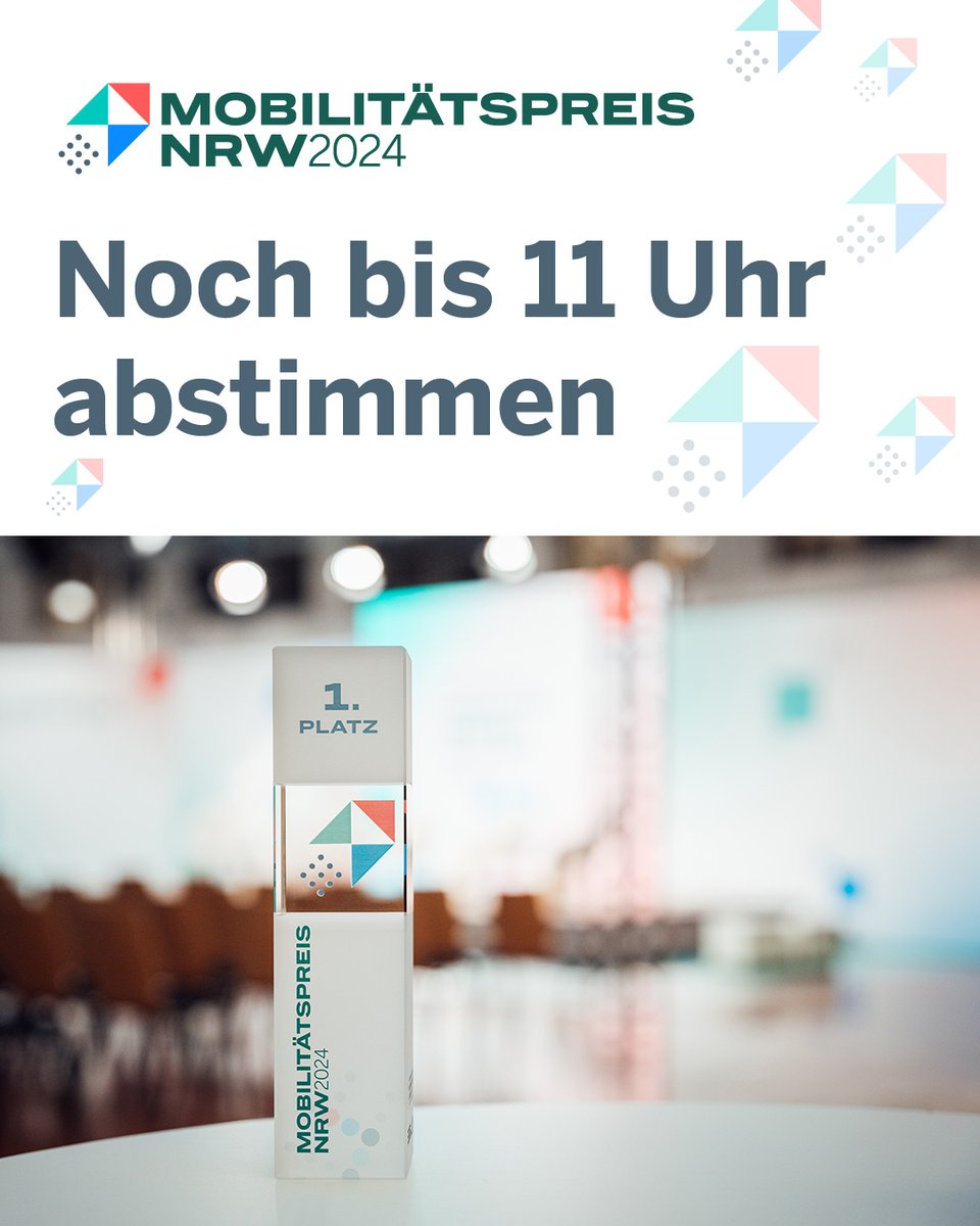 Endspurt! 🔜 Bis 11 Uhr läuft das Voting um den #MobilitätspreisNRW <a href="/VerkehrNRW/">Mobilität NRW</a>. Geben Sie jetzt noch Ihre Stimme ab ✅ Die Siegerprojekte werden live um 14 Uhr beim heutigen #MobilitätstagNRW verkündet. 👉 Zum Voting: mobilitaetspreis.nrw