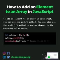 codecampusng's tweet photo. Want to learn more programming concepts and tips.?Follow @codecampusng now
How to Add an Element to an Array in JavaScript (Method 2)
Begin your journey as a Developer today. Send us a message today
#programming #javascript #webdesign #html5 #codecampusng #codingbootcamp https://t.co/kyMyKP0Fbw
