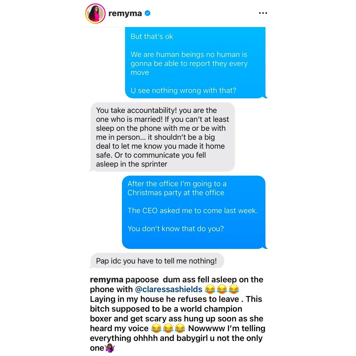 Remy Ma reveals text messages that show Papoose and Claressa Shields are having an affair.