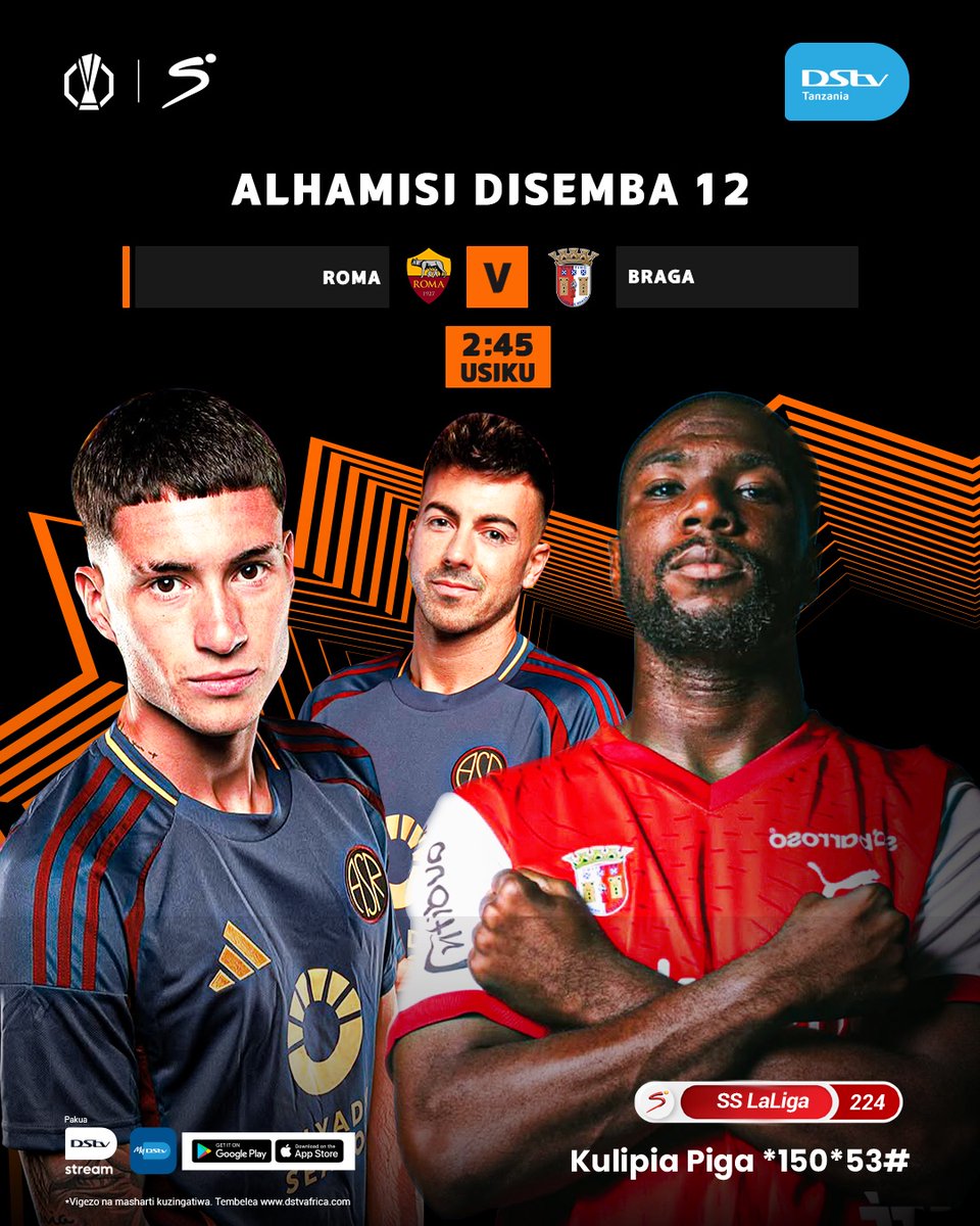 DStv_Tz's tweet photo. #Roma kumkaribisha #Bragga nyumbani kwao. Je, atampokea kwa magoli mangapi? au shilingi itamgeukia?
Usikose kushuhudia mtanange huu wa #uefaeuropaleague ndani ya DStv ch. 224 saa 2:45 usiku.
Piga *150*53# au pakua #MyDStvApp kulipia na uburudike.
.
.
#vibelasikukuunadstv https://t.co/uwaIRv2oSe