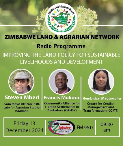 Zimbabwe Land and Agrarian Network (@zilan2015) on Twitter photo Tune in to Radio Zimbabwe tomorrow at 9:30am as we discuss improving the land policy for sustainable livelihoods and development. <a href="/CCMTZimbabwe/">CCMT</a> <a href="/AIAS_trust/">Sam Moyo African Institute for Agrarian Studies</a> <a href="/cahs_Zim/">Community Alliance for Human Settlements Zimbabwe</a> Tune in to Radio Zimbabwe tomorrow at 9:30am as we discuss improving the land policy for sustainable livelihoods and development. <a href="/CCMTZimbabwe/">CCMT</a> <a href="/AIAS_trust/">Sam Moyo African Institute for Agrarian Studies</a> <a href="/cahs_Zim/">Community Alliance for Human Settlements Zimbabwe</a>