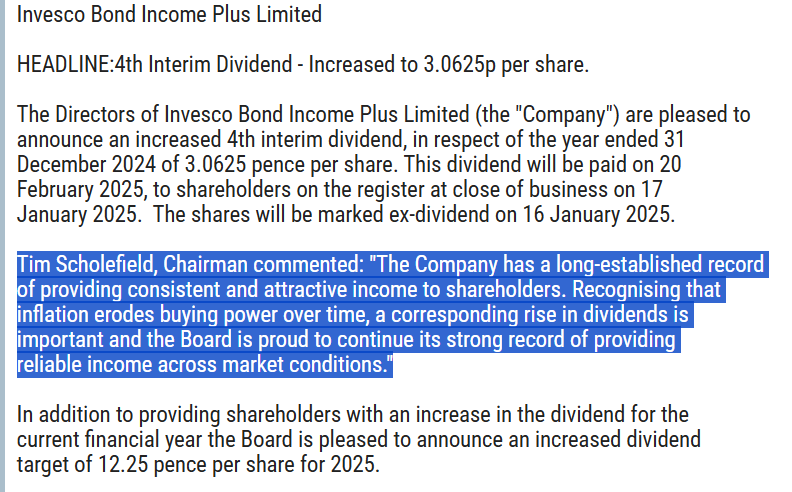 entrustTMF's tweet image. Taken some #BIPS Invesco Bond Income at 168p. Current yield about 7.25%

They flagged an increase in dividend for the quarter AND next year&apos;s target increases this morning[that kind of thing impresses me😊]:-

Last NAV 170.94p(Incl current year revenue)

voxmarkets.co.uk/rns/announceme…