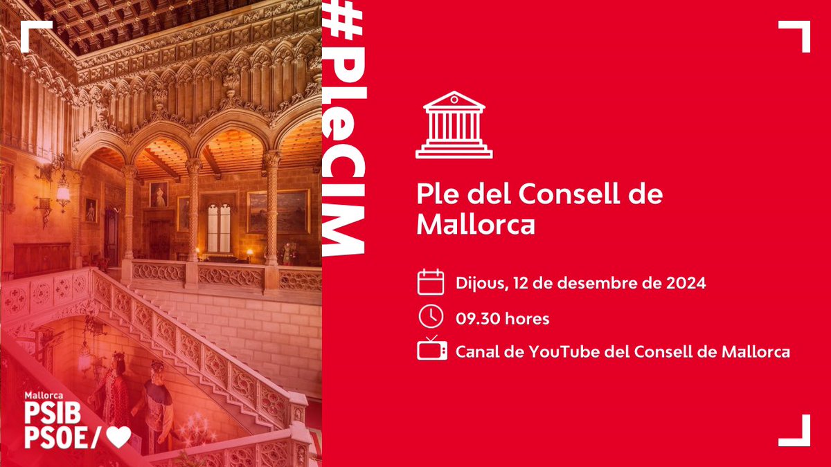 SocialistesdMca's tweet photo. ☕️ Bon dia!
🏛️ Ja ha començat el ple ordinari del mes de desembre del Consell de Mallorca.
📲 El pots seguir en directe aquí:
https://t.co/RF4Gh9FuUx
#PleCIM https://t.co/NqKVVL9i3E