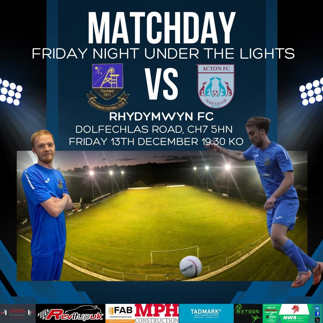 This Friday we welcome Acton to Rhydymwyn, Another game under the lights in what should be another good game for the neutral.

Bar and kitchen will be open.

19:30 KO

<a href="/NWSportDave/">Grassroots North Wales</a> <a href="/NWalesSocial/">#NorthWalesSocial ⬆️🏴󠁧󠁢󠁷󠁬󠁳󠁿🤝</a> <a href="/The94thMin/">The 94th Minute 🏴󠁧󠁢󠁷󠁬󠁳󠁿</a>