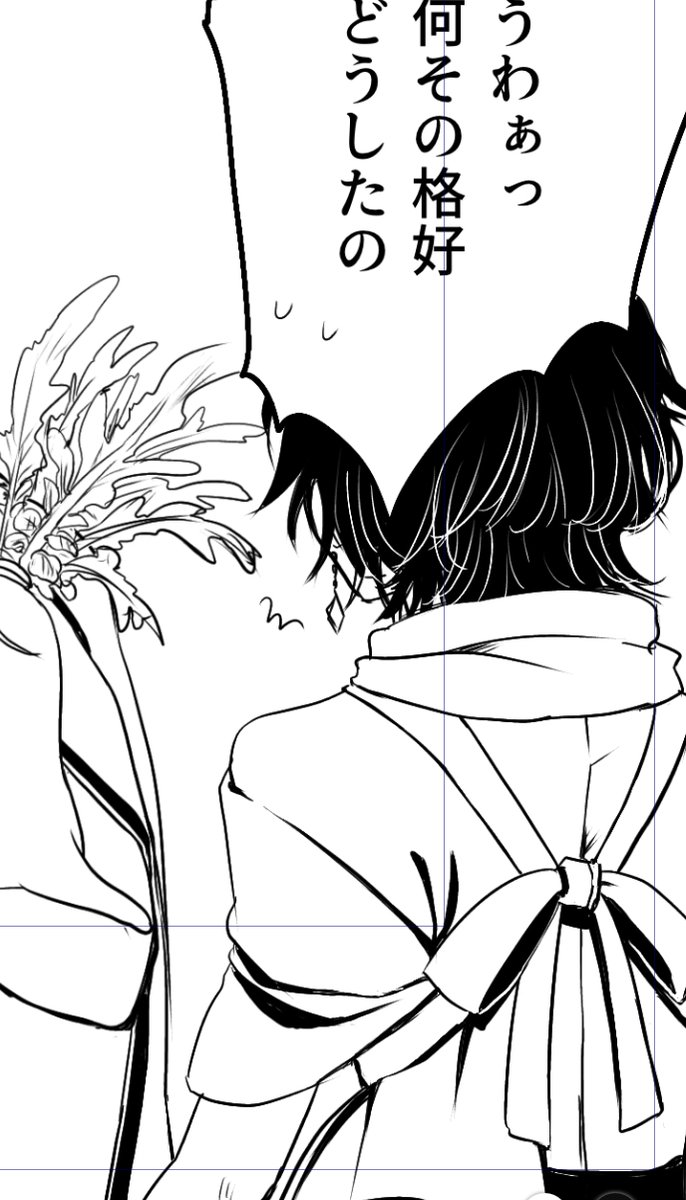 進捗
ちょっと兄者が…(ᐡ ′̥̥̥ ˙̫ ‵̥̥̥ ᐡ)という扱いのコマなので心が痛い
あと加州描くの多分落書き以来の2度目ましてなんだけどまさかの後ろ姿は初めてだよ…難しいな!?