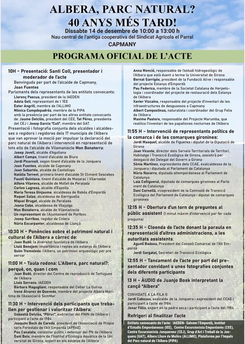 Programa oficial de l' acte del proper dissabte 14 de desembre per reivindicar el Parc Natural de l' Albera
Us hi esperem 
#Albera
#PNAlbera
