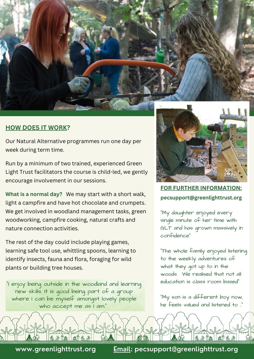Here's the <a href="/greenlighttrust/">Green Light Trust</a>  flyer showing the work we do with CYP.  Next courses start in Jan 2025.  🌱🌱

Grab a cuppa and take a look ...  <a href="/NorfolkSENnet/">Norfolk SEN Network</a> <a href="/norfolksnature/">Norfolk’s Nature</a> <a href="/NorfolkCC/">Norfolk County Council</a> <a href="/EveningNews/">Norwich Evening News</a>  <a href="/norwichnews/">Norwich University</a>