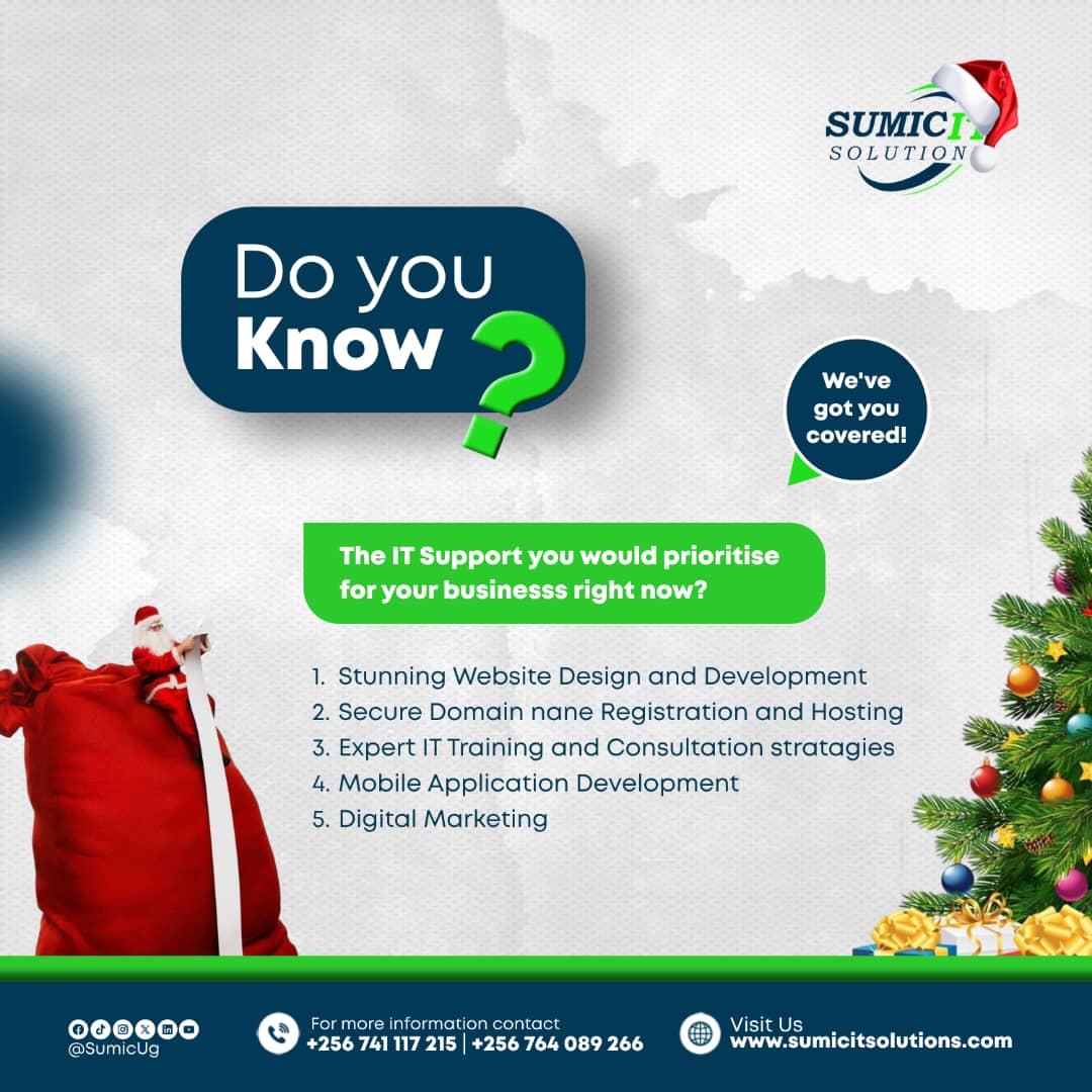 alinabyona69087's tweet photo. 🚀 Is Your Business Ready for a Digital Upgrade? 

  🚀 We’ve got all you need to keep your business thriving! This festive season, don’t just dream big, make it happen with IT solutions that work.🎄

💻 Follow us @SumicUg for more updates, tips and offers!

#VisitSumic #SumicAt5 https://t.co/4JaPSzaIRc
