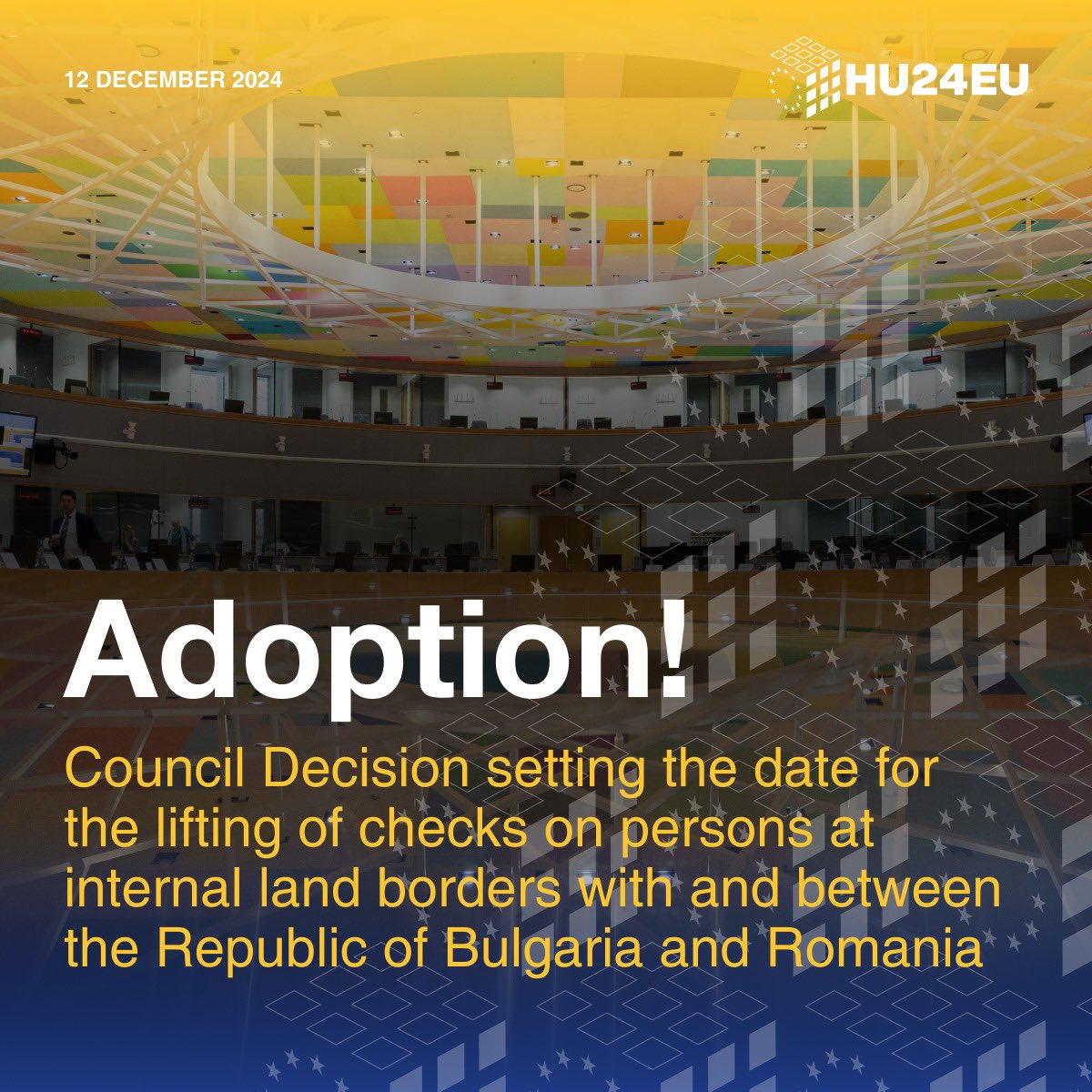 ‼ DEAL! Interior ministers have just adopted a decision to lift internal land border controls with and between Bulgaria and Romania from 1 January 2025. A great victory for Bulgaria, Romania, and all of Europe!

#HU24EU
🇭🇺🇪🇺
